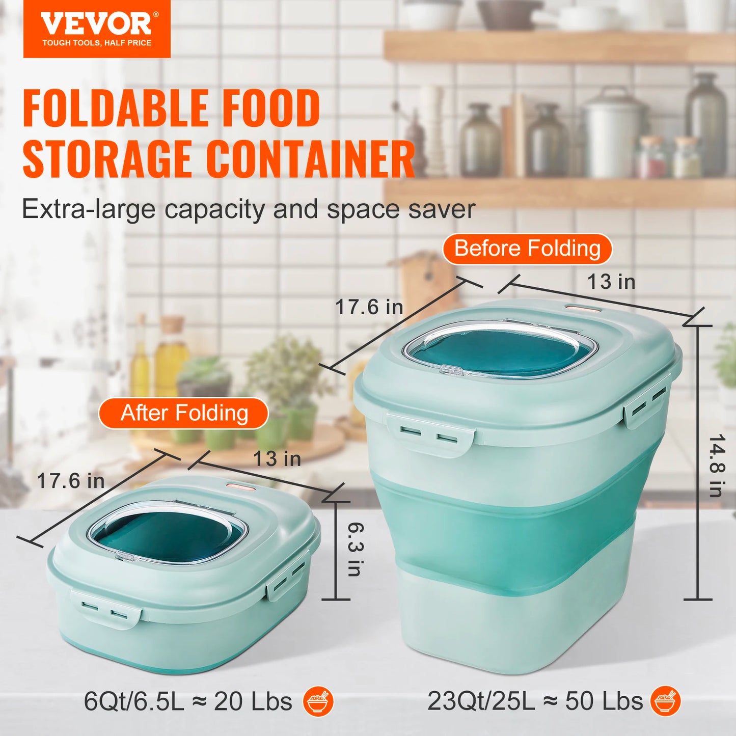 VEVOR Collapsible Dog Food Storage Container 50 lbs Large Dispenser Bin with Attachable Casters Airtight Lid Kitchen Flour Bin