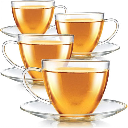 Royal Teacup and Saucer Set 4-Pack – Large Size – 12 OZ/ 350 ML Capacity Crystal Clear Classic Design Glass Mug Set